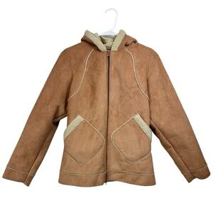 Patagonia Size XS Shearling Fleece Hooded Jacket Tan Faux Suede Jacket Sherpa